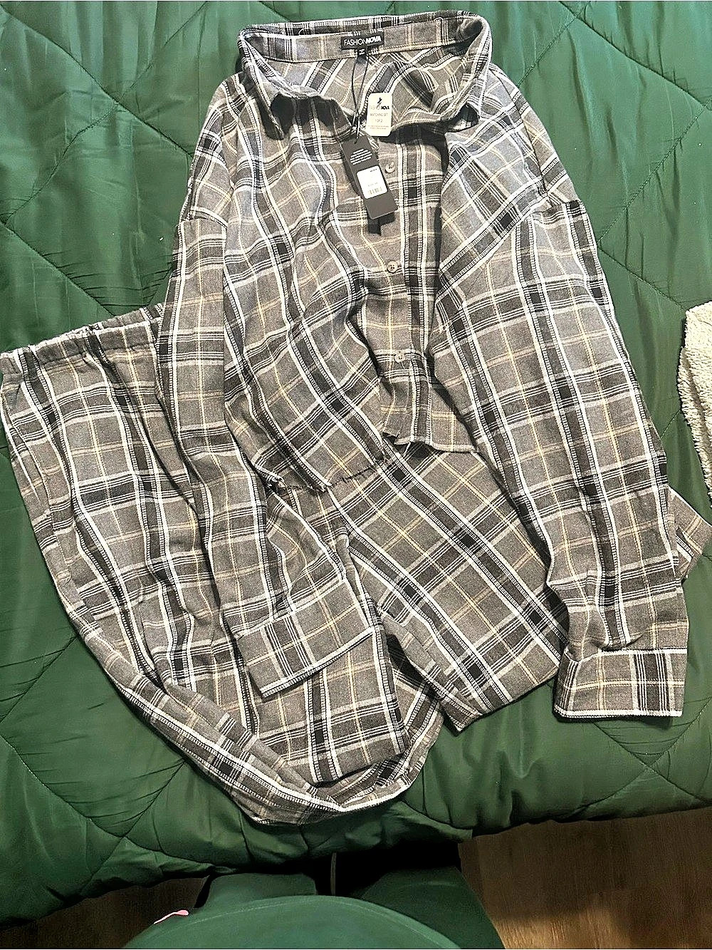 Fashion Nova Chill Day Flannel Pant Set Plaid Gray & Black 3X NWT